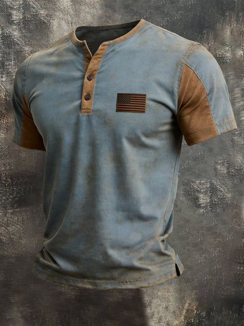 Men's Retro Color-Block Patriotic Henley Short-Sleeve T-Shirt