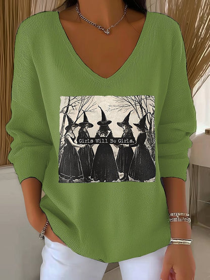 🔥Buy 2 Get 10% Off🔥Women's Vintage Girls Will Be Girls Witch Print V Neck Sweater