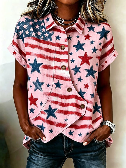 Women's Casual Retro Cotton-Linen Patriotic Shirt