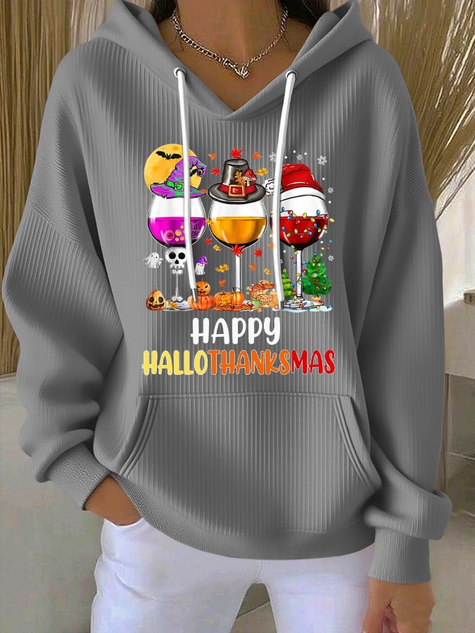 🔥HOT SALE🔥Women'S Happy HalloThanksMas Wine Print Casual Hoodie
