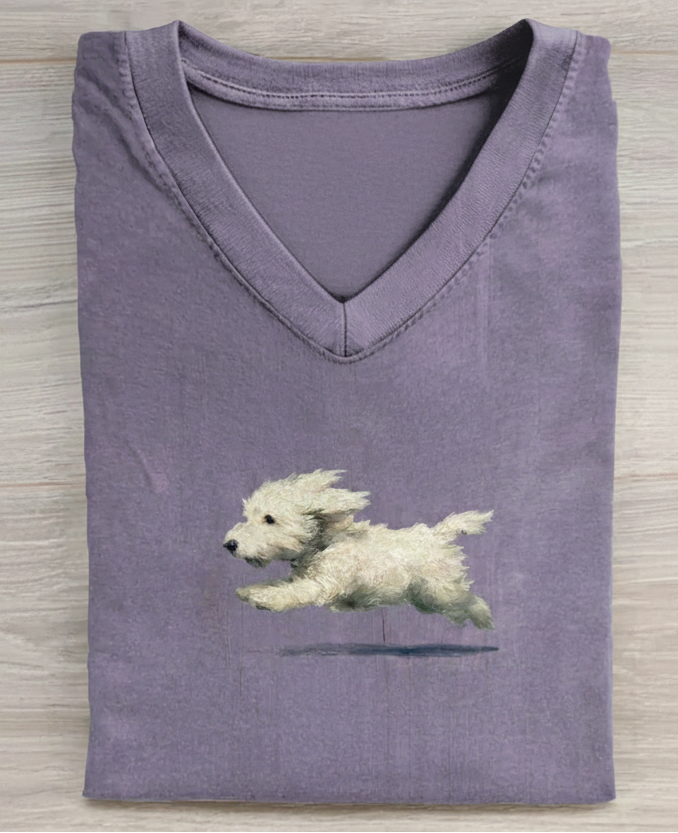 Funny Retro Cute Running White Dog Art Print V-neck Casual T-shirt
