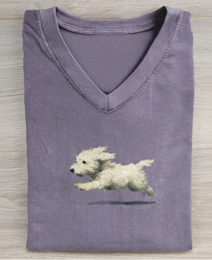 Funny Retro Cute Running White Dog Art Print V-neck Casual T-shirt