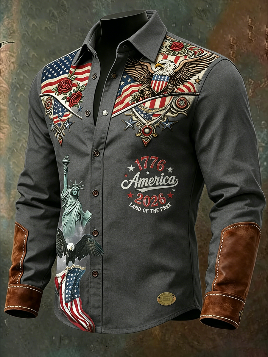 Men'S Casual American 250Th Anniversary Founding Lapel Long Sleeved Shirt