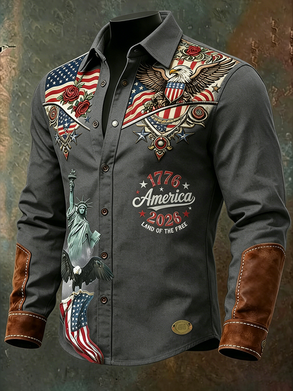 Men'S Casual American 250Th Anniversary Founding Lapel Long Sleeved Shirt