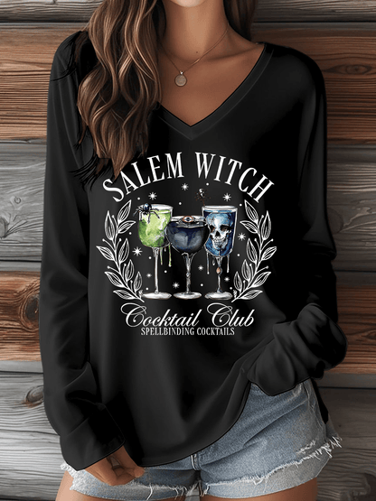🔥HOT SALE🔥Women's Halloween Salem Witch Cocktail Club Spellbinding Cocktails Print V-Neck Long Sleeve T-Shirt