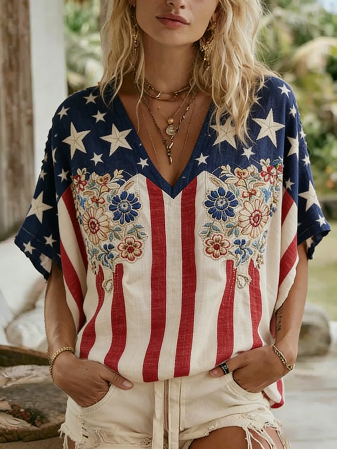 Women's Western Linen-Cotton Blend USA 250th Anniversary Graphic Short Sleeve Tee