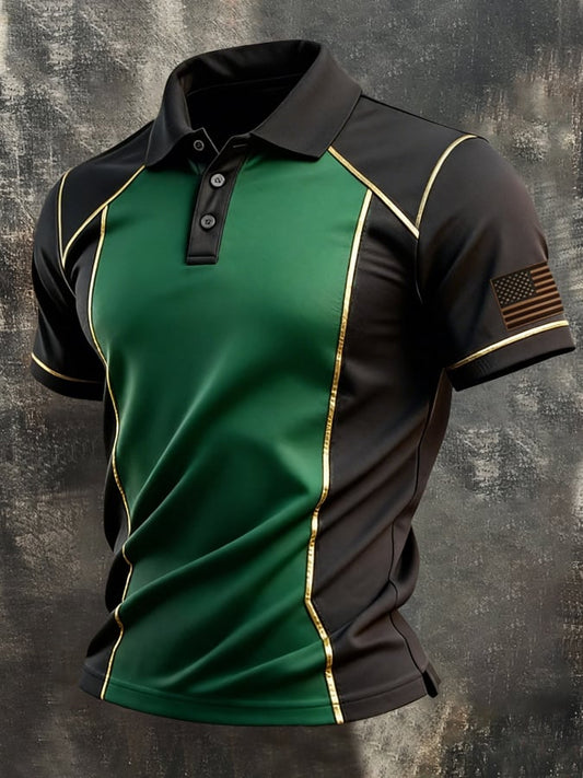 Men's Retro Patriotic Color-Block Short-Sleeve Polo Shirt