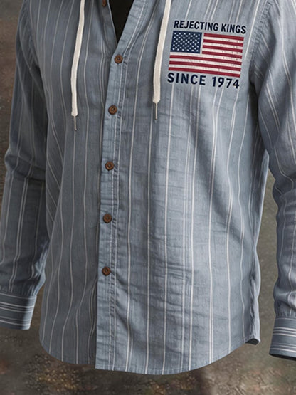 Men's Striped Linen Blend Hooded Long Sleeve Shirt, American Flag Print Casual Button-Down Top with Drawstring