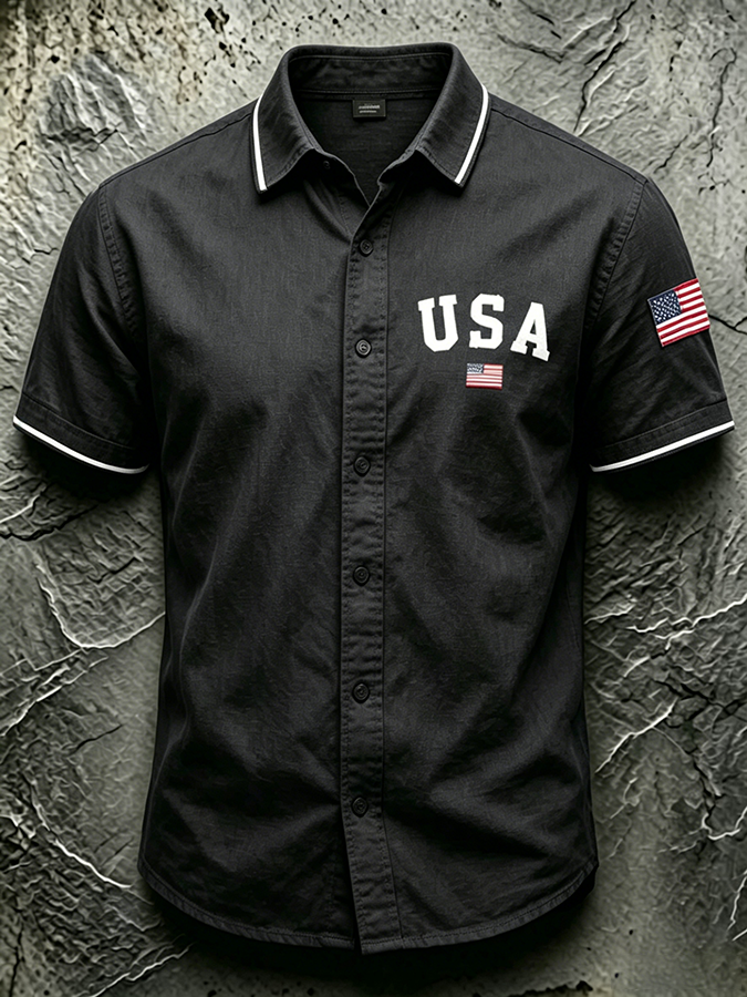 Men'S Casual USA Commemorative Printed Lapel Shirt