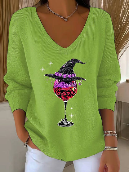 🔥HOT SALE🔥Women's Halloween Wine Glass Print V Neck Sweater