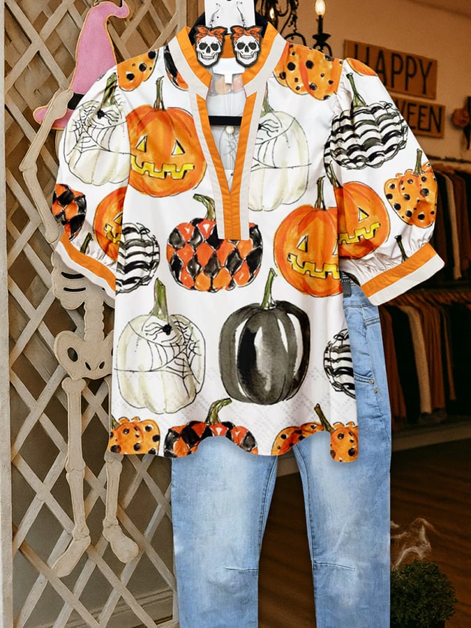 🔥Buy 2 Get 10% Off🔥Women's Halloween Pumpkin Puff Sleeve Blouse