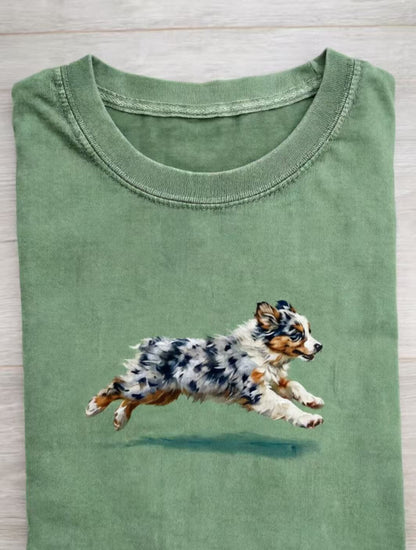 Funny Retro Cute Running Dog Art Print Casual Cotton Short Sleeve T-shirt