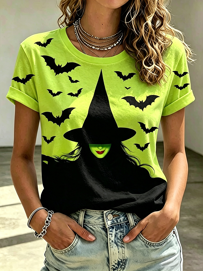 Ladies' Witch Printed Round Neck T-Shirt