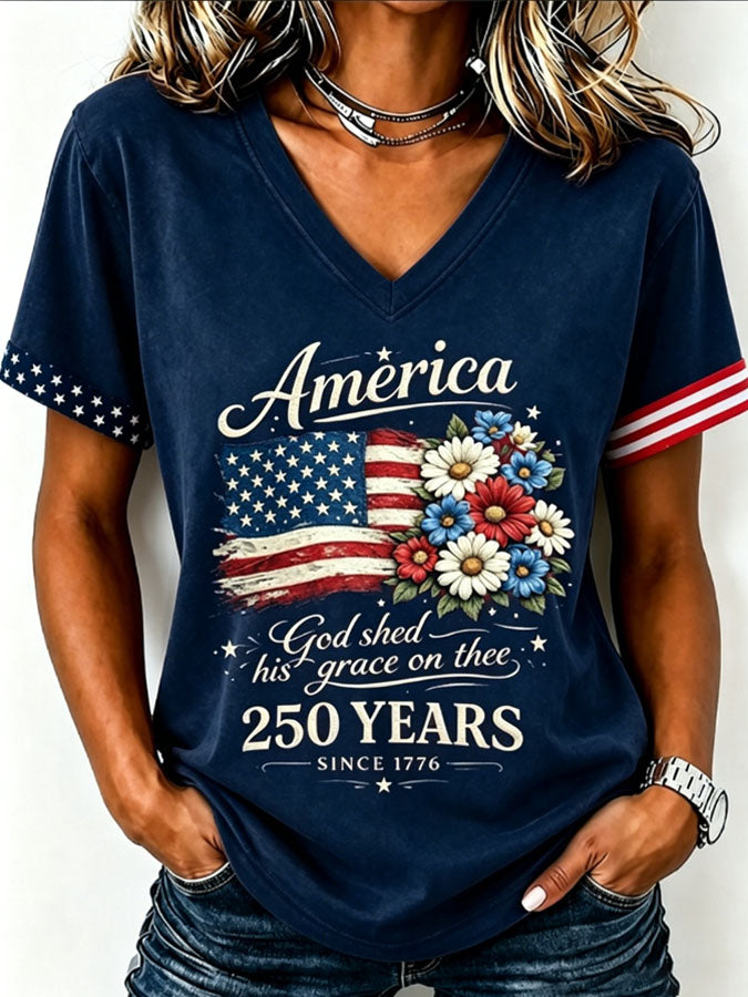 Women's Floral American Flag Printed Casual T-shirt
