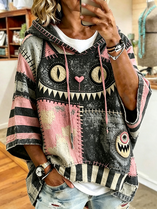 Women'S Halloween Patchwork Cat Print Casual Hoodie
