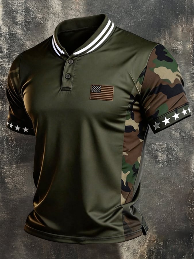 Men's Retro Patriotic Color-Block Short-Sleeve Henley T-Shirt