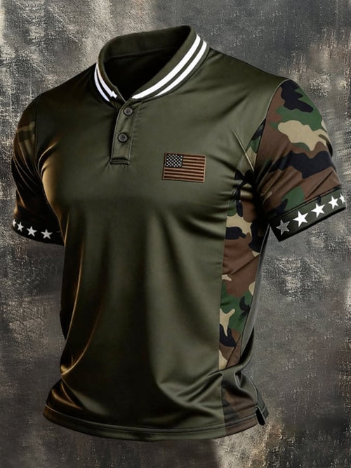 Men's Retro Patriotic Color-Block Short-Sleeve Henley T-Shirt