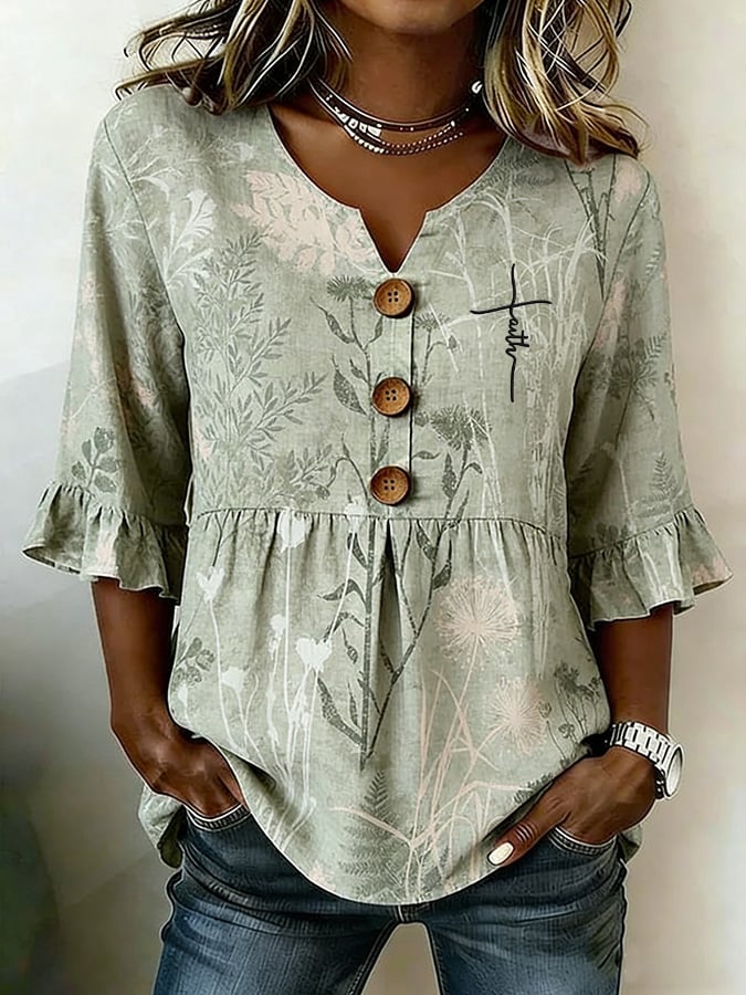 Women's Elegant Floral & Inspirational Print Faux-Linen Top