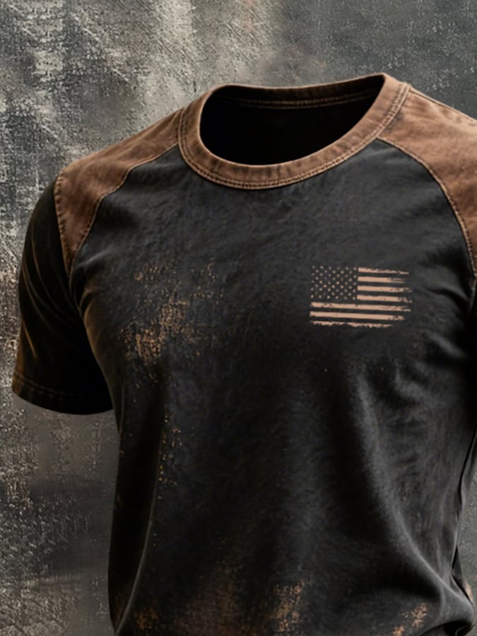 Men's Retro-Print, Color-Block "Patriot" Casual Short-Sleeve T-Shirt