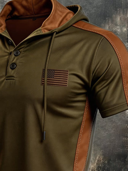 Men's Retro Color-Block Short-Sleeve Hooded T-Shirt