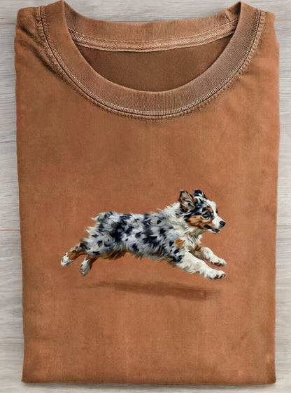 Funny Retro Cute Running Dog Art Print Casual Cotton Short Sleeve T-shirt