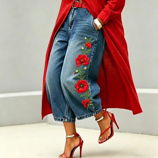 Women's Memorial Day Poppy Art Print Casual Jeans