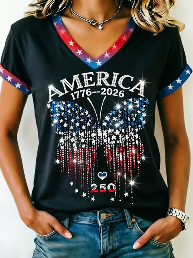Women'S America Flag Print Casual V-Neck T-Shirt