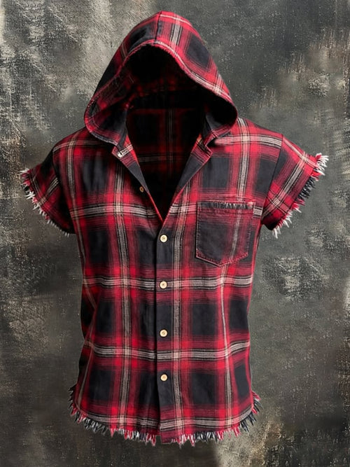 Men'S Retro Pure Cotton Distressed Short-Sleeve Hoodie T-Shirt