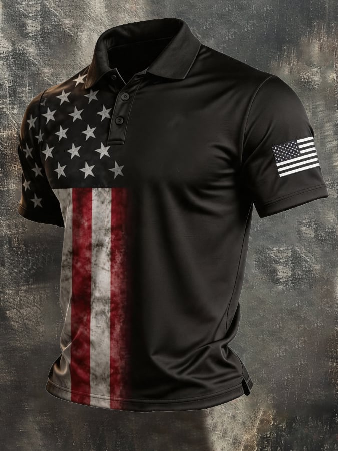 Men's Retro Patriotic Color-Block Short-Sleeve Polo Shirt