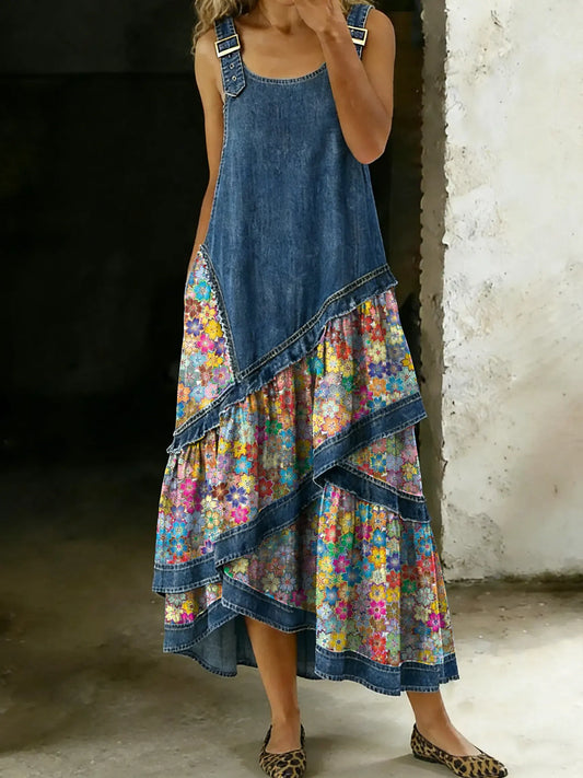 Women's Vintage Multicolor Floral Sleeveless Multi-layered Ruffled Strap Dress