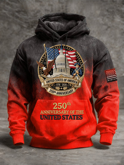 Men's Vintage American Flag Print Hooded Sweatshirt