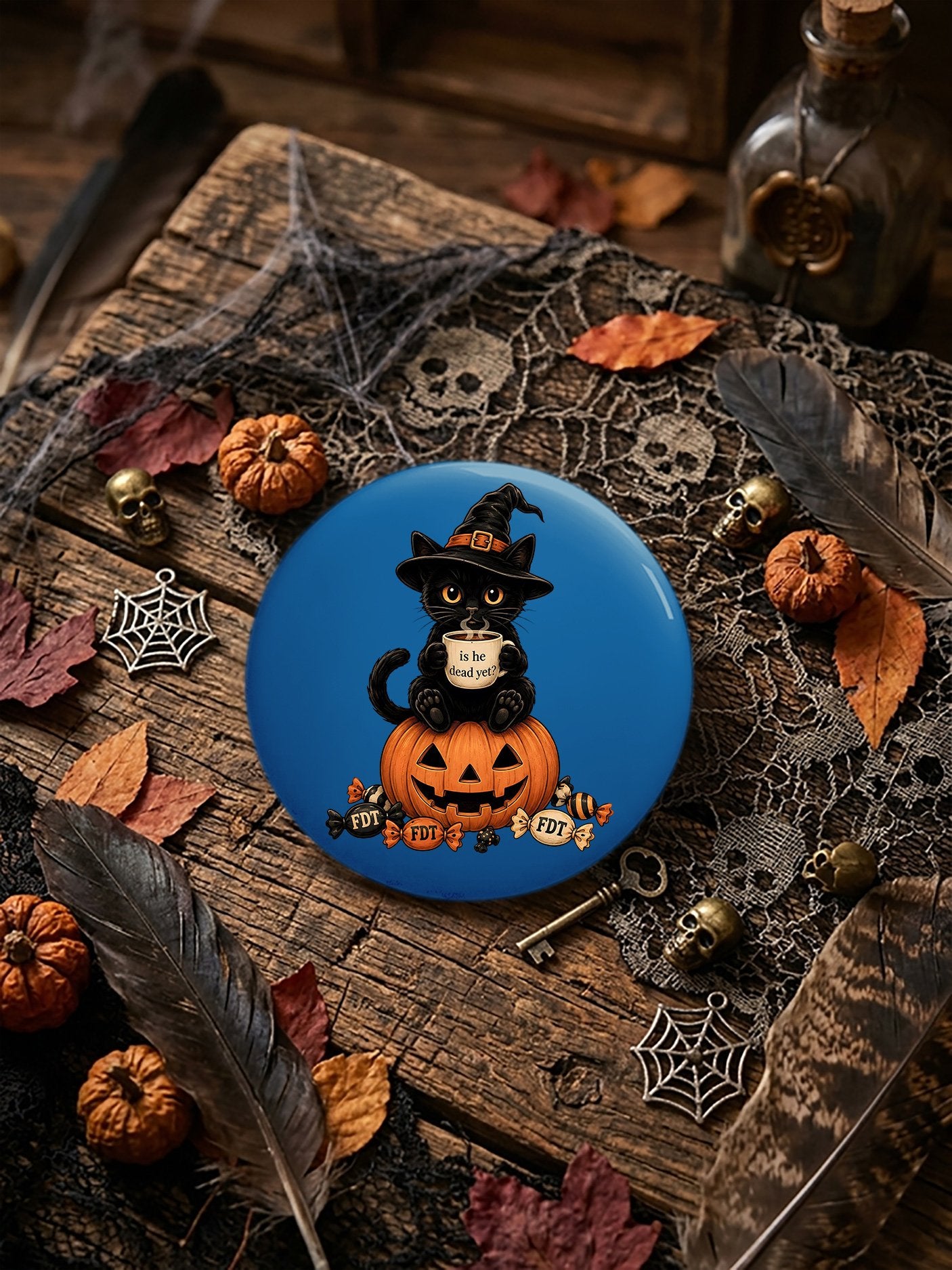 Unisex Retro Halloween Is He Dead Yet Ghost Cat Pin-Back Button