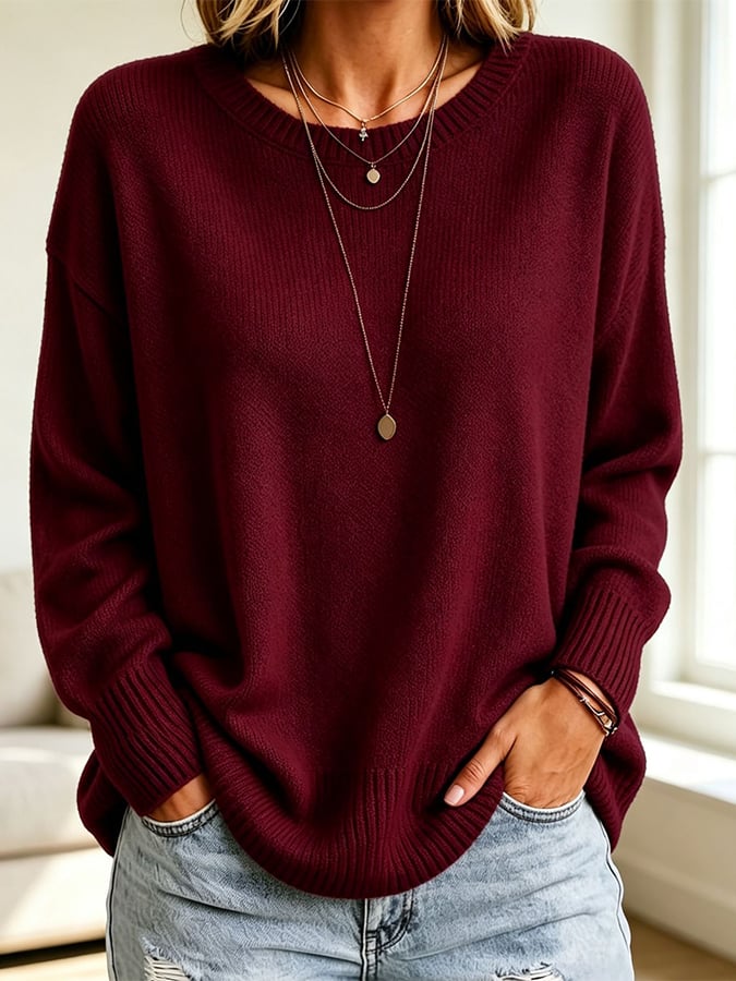 Women's Solid-Color Long-Sleeve Crew-Neck Knit Sweater