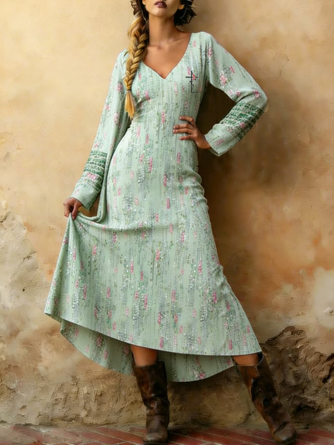 Women's  V-Neck Printed Knit Dress