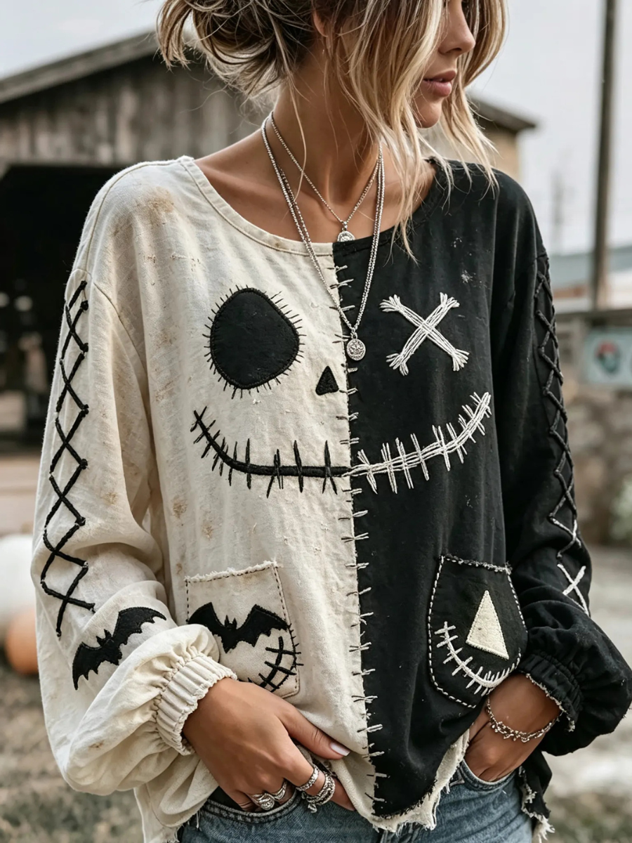 Women's Retro Halloween Spooky Smiley Face Color Block Casual Linen Sh
