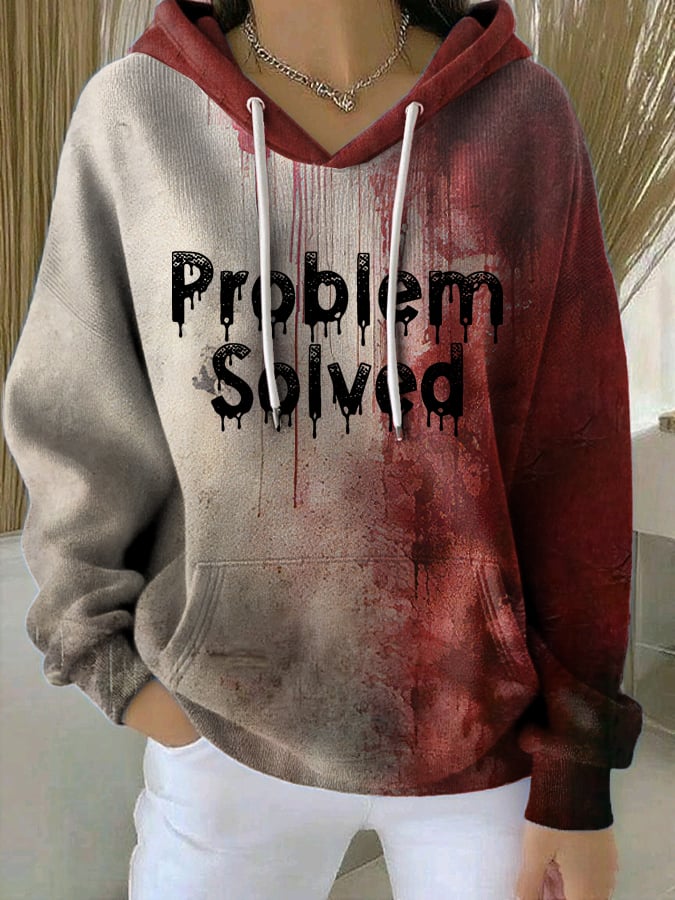 Women's Halloween Bloody Problem Solved Print Casual Ribbed Hoodie