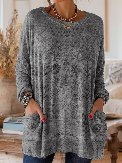 Women's Retro Ethnic Art Print Casual Long-Sleeve Round Neck Cotton T-Shirt