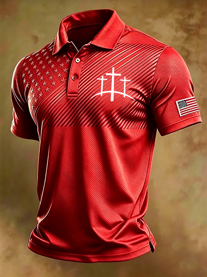 Men'S Retro National Flag And Cross Print Print Casual Polo Shirt