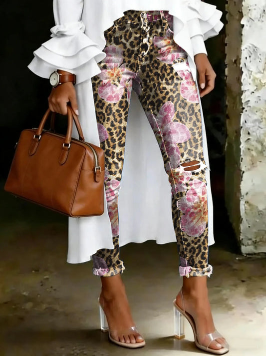 Women's Vintage Multicolor Leopard Floral Totem Print Casual High-waisted Ripped Skinny Jeans