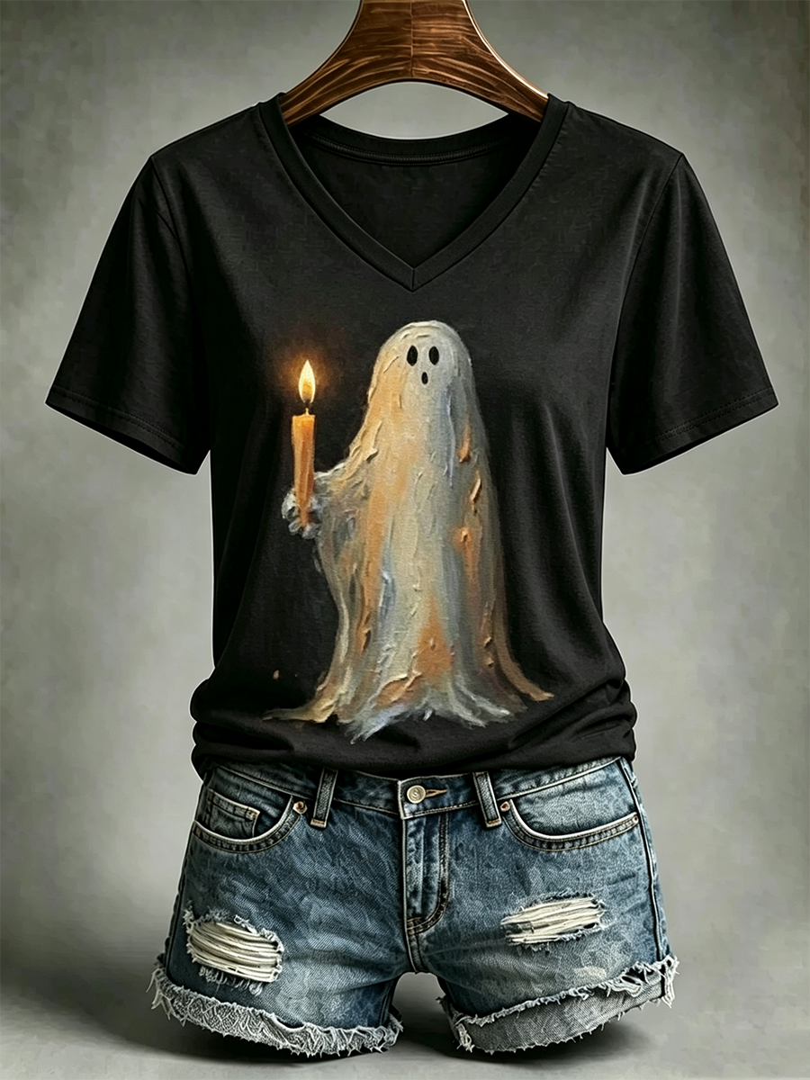 Women'S Retro Ghost Art V-Neck Linen Short Sleeved T-Shirt