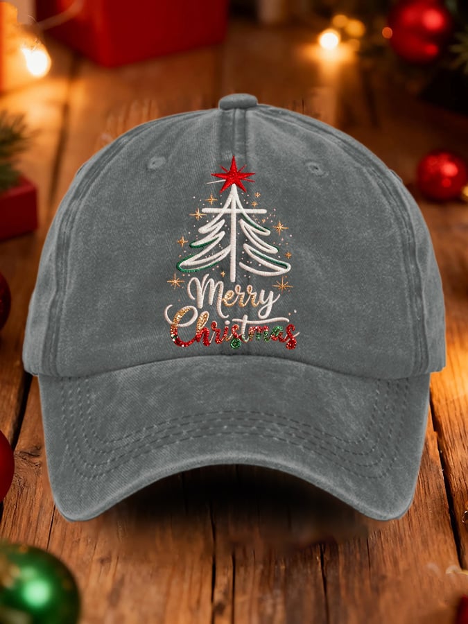 Retro Merry Christmas Cross Christmas Tree Print Baseball Cap