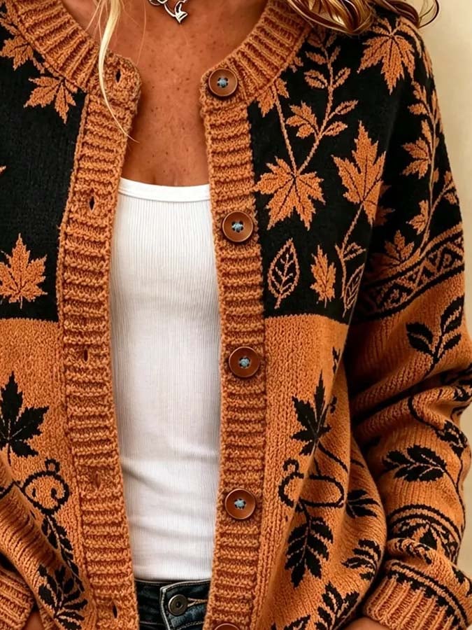 Women'S Casual Maple Leaf Knit Cardigan