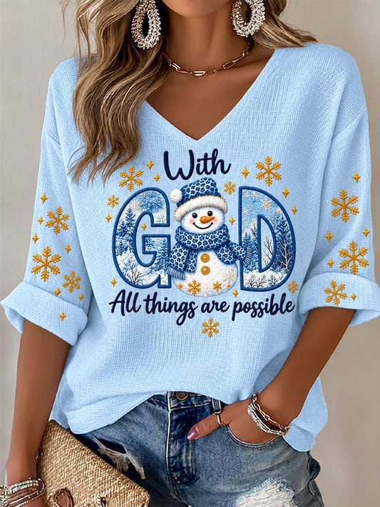 Women's Casual With God All things are possible Printed Waffle Top