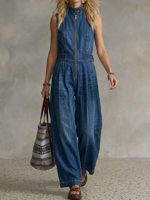 Women's Fashionable Casual High-neck Zipper Sleeveless Denim Jumpsuit