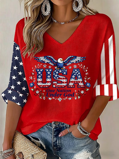 Women's USA 250 Years One Nation Under God Print V Neck Top