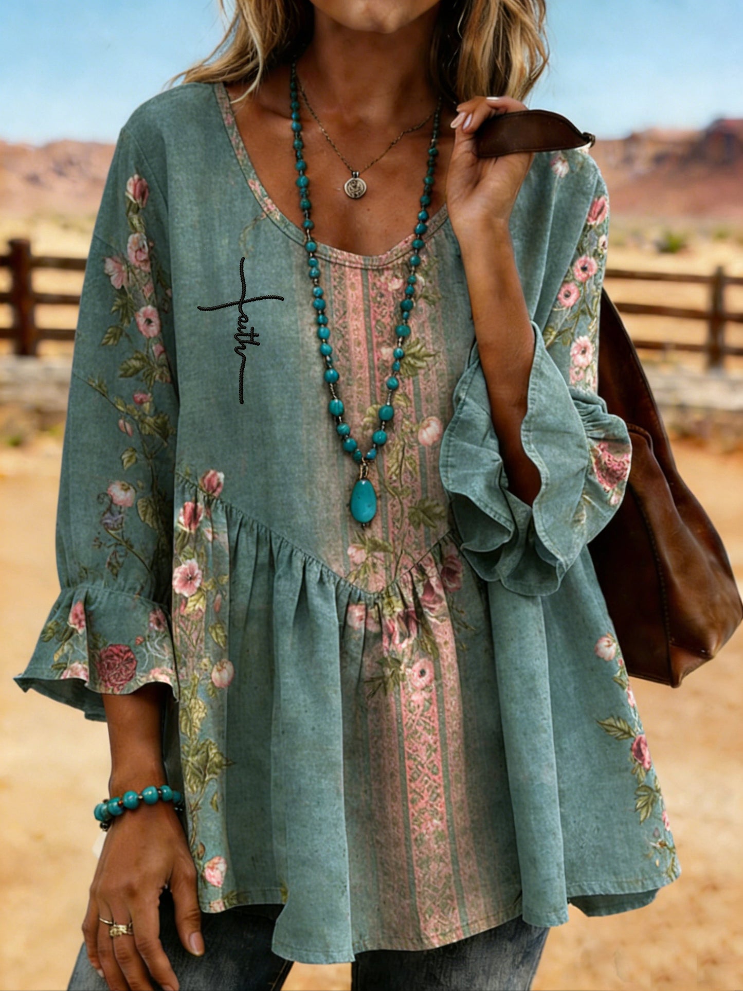 Women's Vintage Western "Faith" Distressed Print U-Neck Top