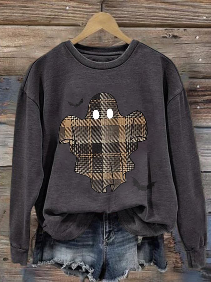🔥Buy 2 Get 10% Off🔥Retro Halloween Ghost & Bats Flannel Plaid Print Sweatshirt