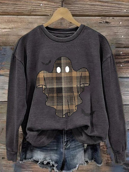 🔥Buy 2 Get 10% Off🔥Retro Halloween Ghost & Bats Flannel Plaid Print Sweatshirt