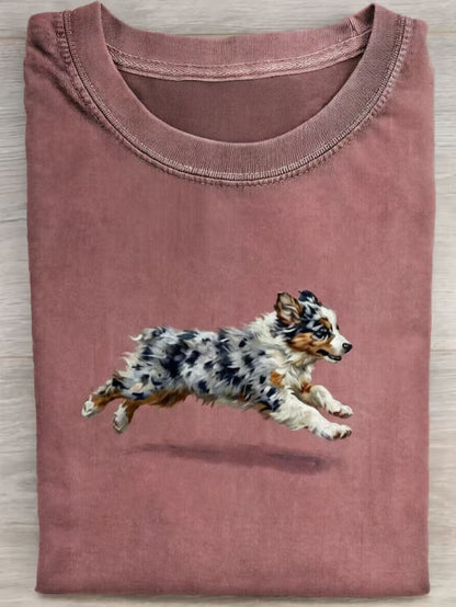 Funny Retro Cute Running Dog Art Print Casual Cotton Short Sleeve T-shirt