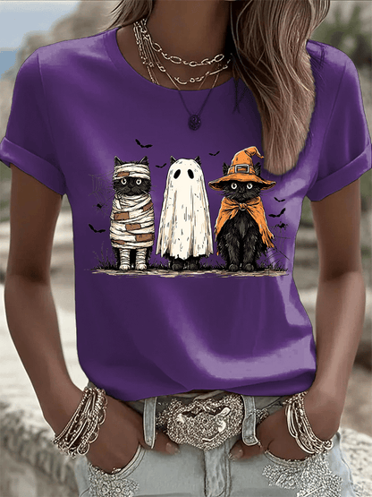 🔥HOT SALE🔥Women's Halloween Cat Print Crew Neck T-Shirt